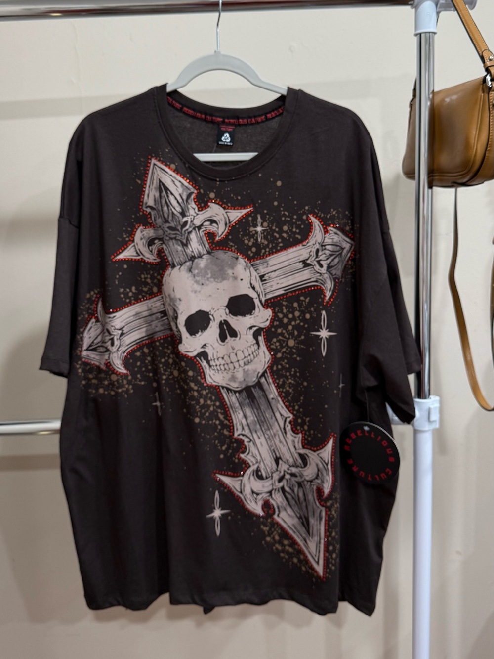 Rebellious Culture Skull Cross Rhinestone Oversized T-Shirt Size 2X NWT
